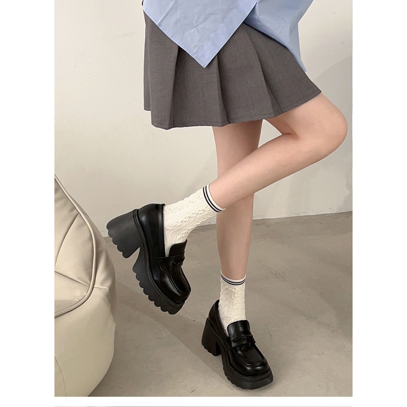Giày Loafer nữ đế lượn sóng cao 7cm phong cách hàn quốc da lì và da bóng ulzzang đi học đi chơi