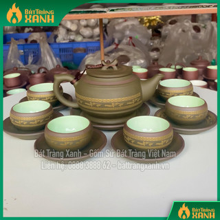 Bộ ấm tử sa bát tràng trống đồng lạc việt xanh chỉ nn vương mạnh tuấn - ấm chén tử sa bát tràng cao cấp