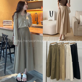 Chân váy kaki dáng dài xoè chun lưng phong cách Hàn Quốc