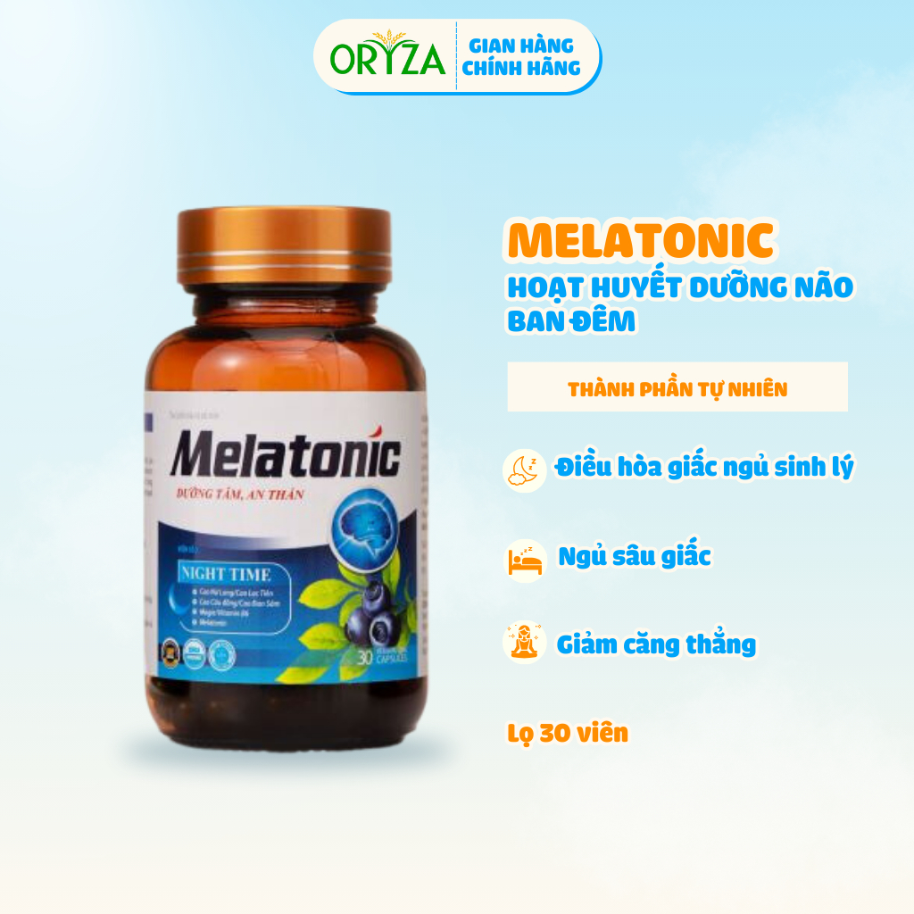 Hoạt huyết dưỡng não ban đêm Melatonic ORYZA PHARMA giúp giảm hoa mắt, chóng mặt, tăng cường trí não - Lọ 30 viên