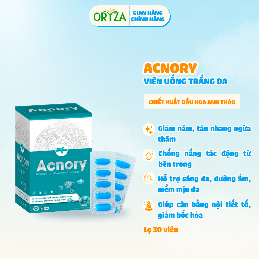 Viên uống trắng da Acnory ORYZA PHARMA hỗ trợ làm sáng da, giảm thâm, chống nắng, ngăn ngừa mụn, dưỡng ẩm - Hộp 30 Viên