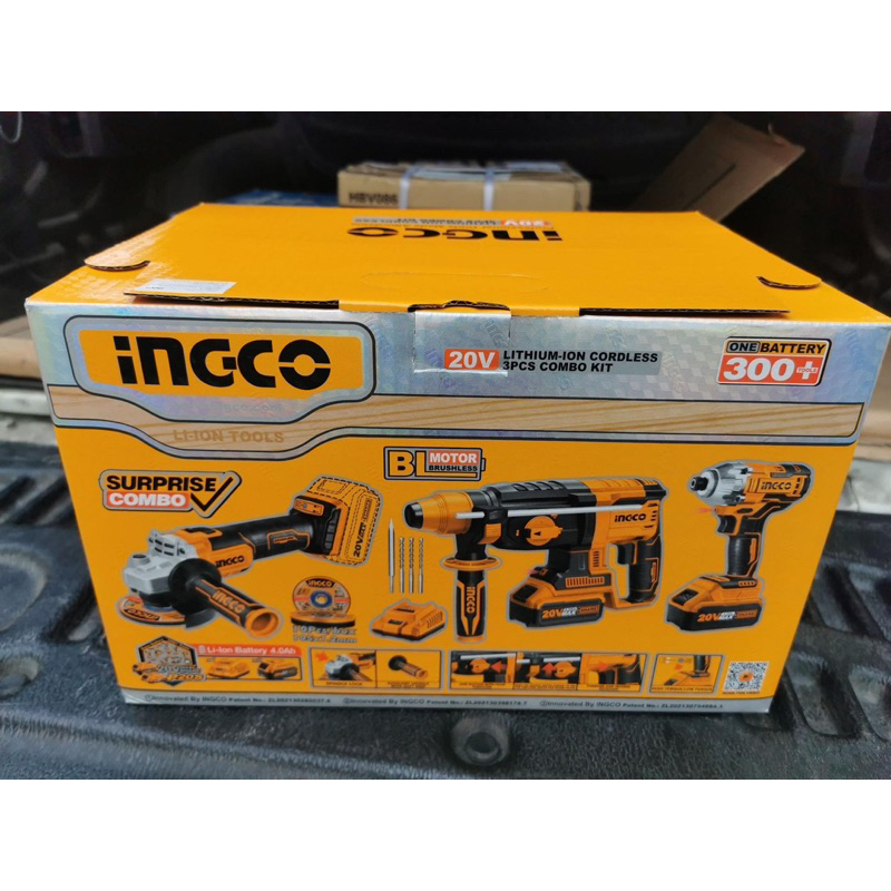 Bộ combo Máy khoan đục bê tông CRHLI20228 , Máy mài góc CAGLI201008, Máy siết vít CIRLI2017 Brushless dùng pin Ingco 20V