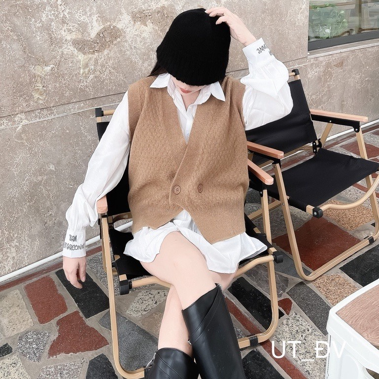 Shynstores Áo khoác gile mỏng cổ tim cúc cài mix áo sơ mi chun tay form rộng