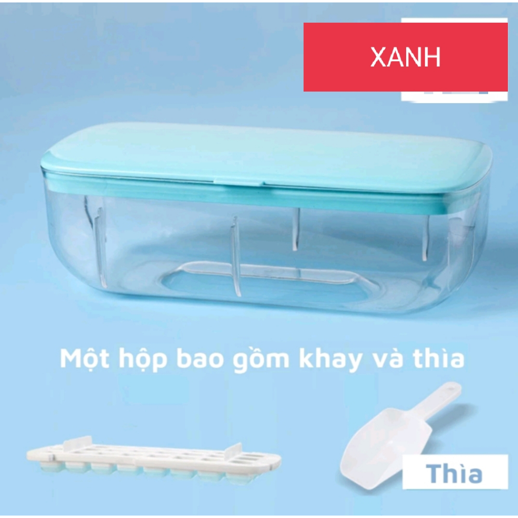 Hộp khay làm đá có nắp đậy kèm thìa dễ dàng lấy hộp nhựa cao cấp khử trùng an toàn khi để trong tủ lạnh