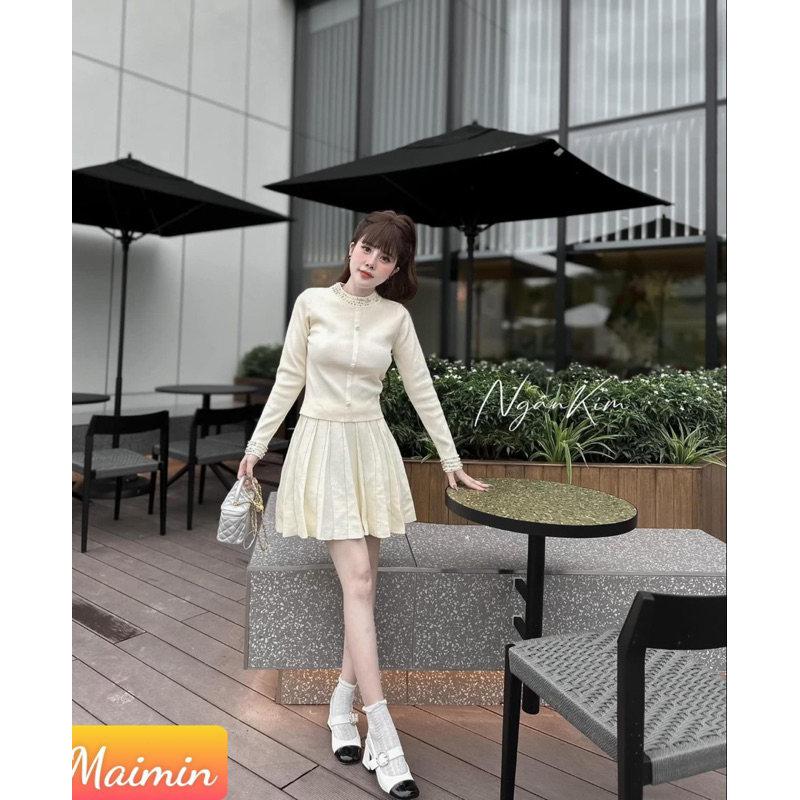 Sét váy len tiểu thư áo mix ngoc cổ chân váy xếp ly phong cách Hàn hàng QCCC