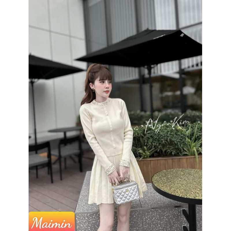 Sét váy len tiểu thư áo mix ngoc cổ chân váy xếp ly phong cách Hàn hàng QCCC