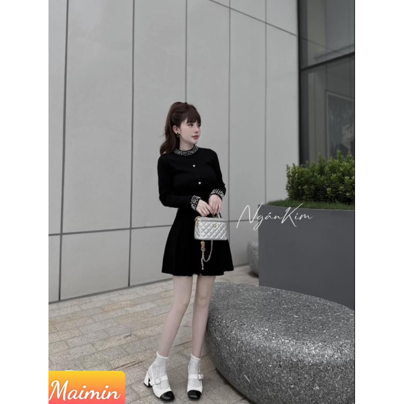 Sét váy len tiểu thư áo mix ngoc cổ chân váy xếp ly phong cách Hàn hàng QCCC