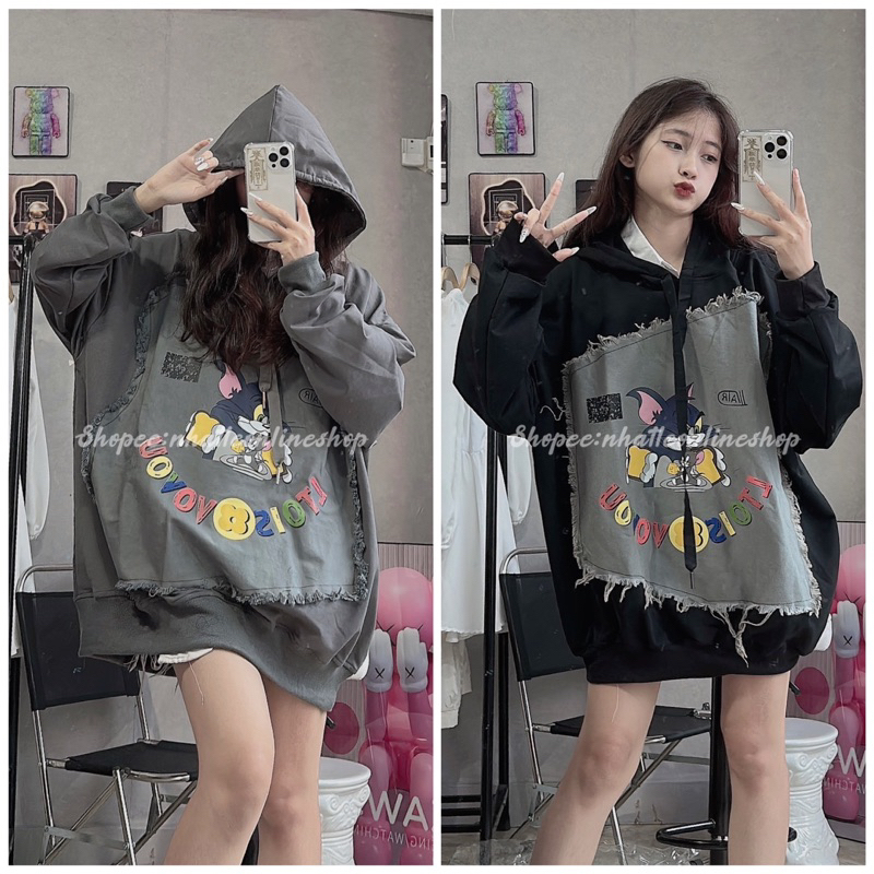 Áo hoodie nỉ mũ chất da cá mịn dáng to rộng
