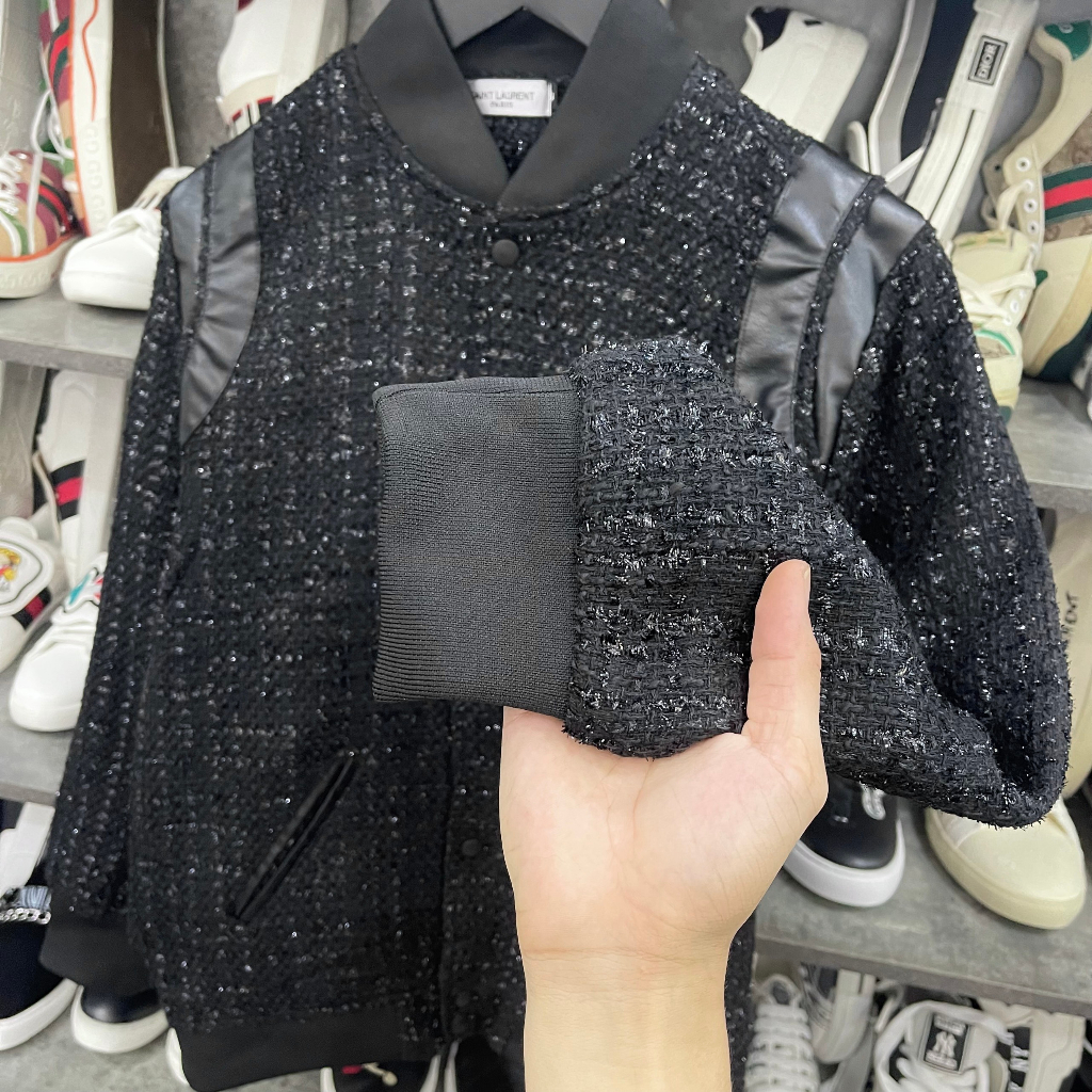 Áo khoác teddy bomber nam nữ vải dạ đính kim tuyến thêu sọc da đen hai vai bo ống 2 lớp dày dặn cao cấp AK16P