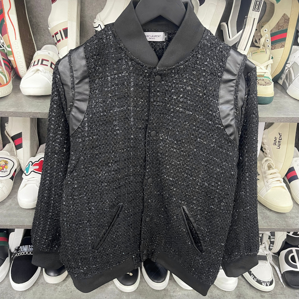 Áo khoác teddy bomber nam nữ vải dạ đính kim tuyến thêu sọc da đen hai vai bo ống 2 lớp dày dặn cao cấp AK16P