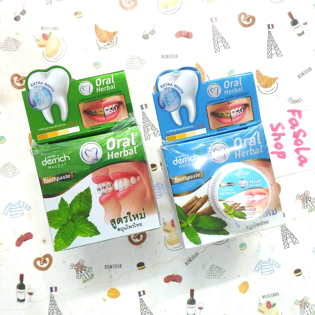 Kem tẩy trắng răng DERRICH ORAL HERBAL Thái Lan 25g toothpaste thơm miệng tẩy ố do hút thuốc uống trà cà phê niềng oral