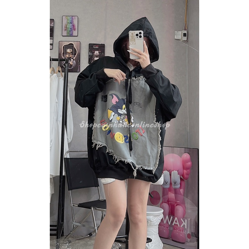 Áo hoodie nỉ mũ chất da cá mịn dáng to rộng