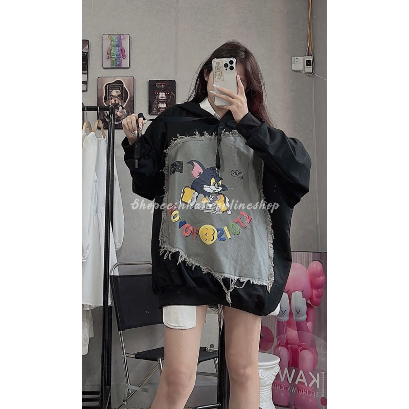 Áo hoodie nỉ mũ chất da cá mịn dáng to rộng