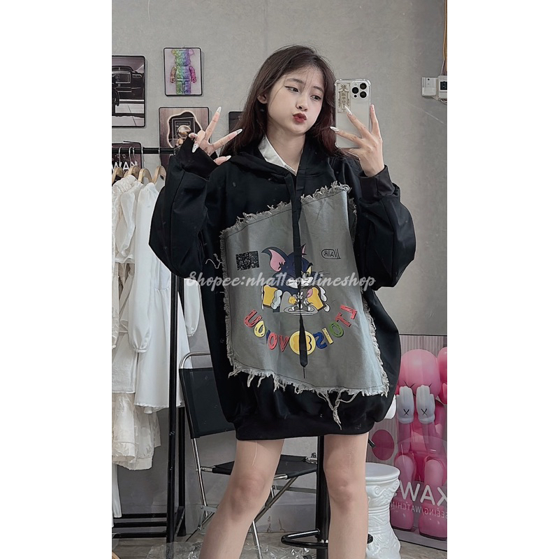 Áo hoodie nỉ mũ chất da cá mịn dáng to rộng