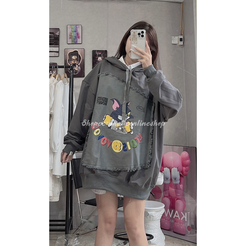 Áo hoodie nỉ mũ chất da cá mịn dáng to rộng