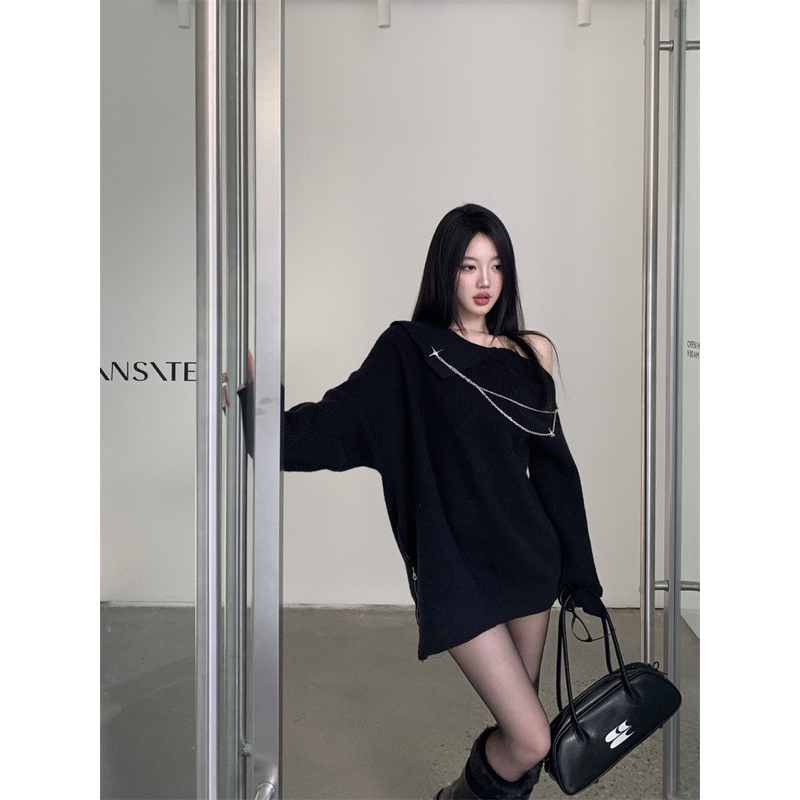 TKLIHN Áo len trễ vai CÁ TÍNH hot Trend 2023 Áo len cổ V rách ULZZANG hot FASHIONITA