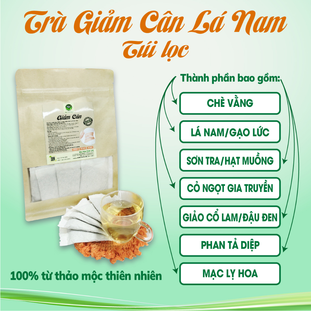 Trà giảm cân lá nam túi lọc, 100% thảo dược tự nhiên, liệu trình dùng trong 20 ngày, giảm tức tốc từ 2 đến 5 kg