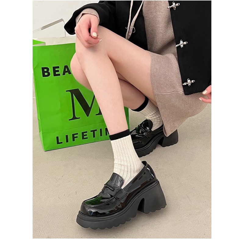 Giày Loafer nữ đế lượn sóng cao 7cm phong cách hàn quốc da lì và da bóng ulzzang đi học đi chơi