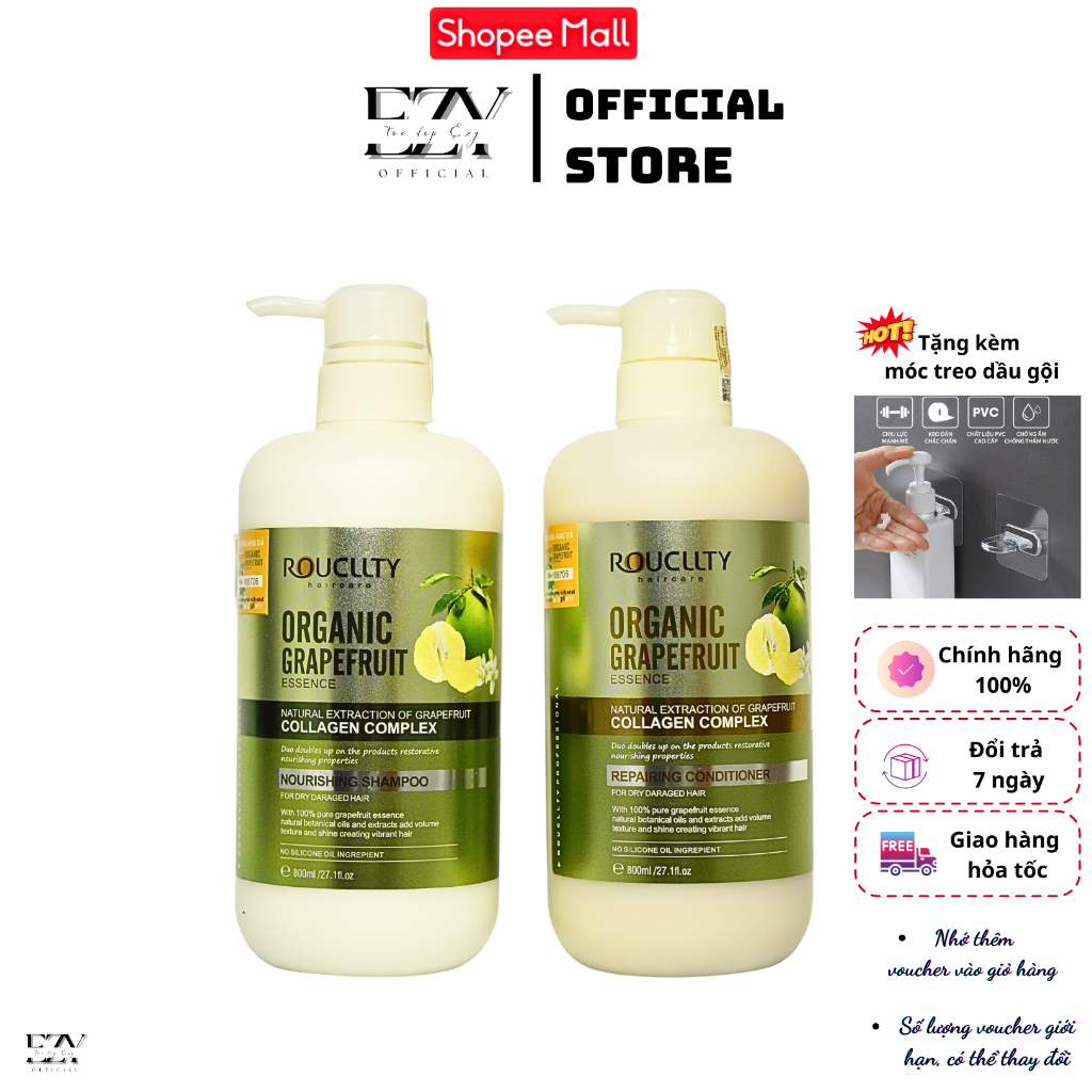 Dầu Gội, Dầu xả Bưởi ROUCLLTY ORGANIC GRAPEFRUIT COLLAGEN CHỐNG RỤNG MỀM MƯỢT CHÍNH HÃNG 800MLX2