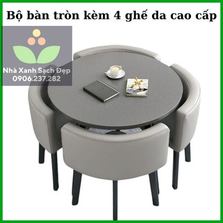 Bộ bàn ăn tròn Vân Đá kèm 4 ghế da cao cấp - bộ bàn ăn thông minh - bộ bàn ghế ăn cơm hiện đại