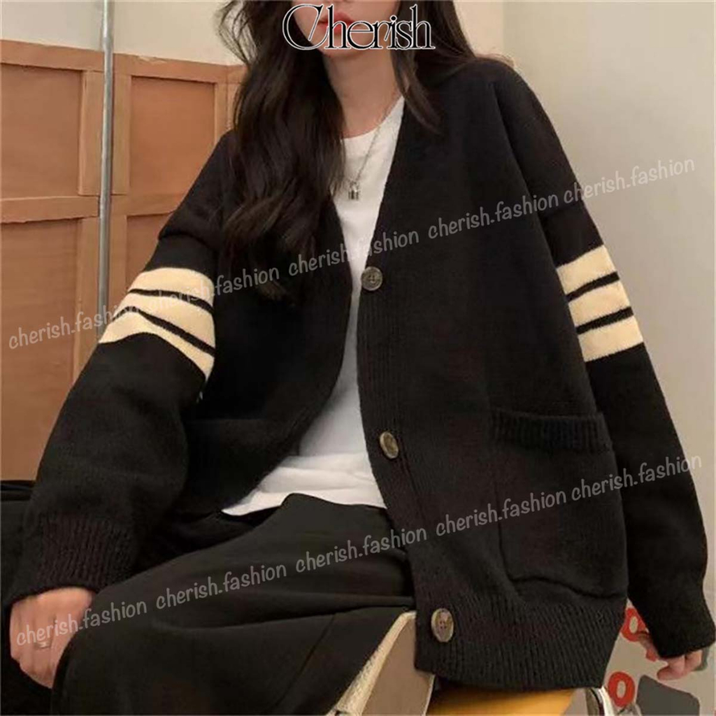 Áo Khoác Cardigan Len Nữ CHERISH Tay Dài Dáng Rộng, Áo Cardigan Cổ V Tay Phối Sọc 2 Bên CD09