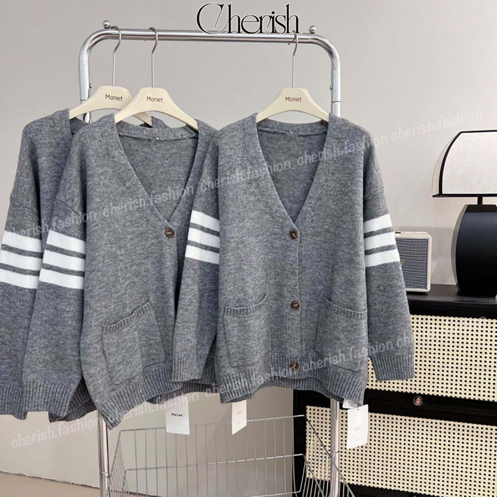 Áo Khoác Cardigan Len Nữ CHERISH Tay Dài Dáng Rộng, Áo Cardigan Cổ V Tay Phối Sọc 2 Bên CD09