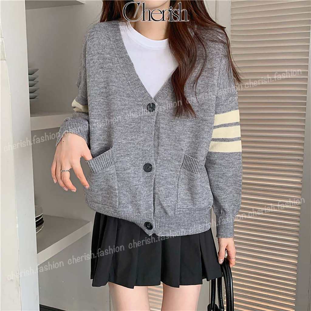 Áo Khoác Cardigan Len Nữ CHERISH Tay Dài Dáng Rộng, Áo Cardigan Cổ V Tay Phối Sọc 2 Bên CD09