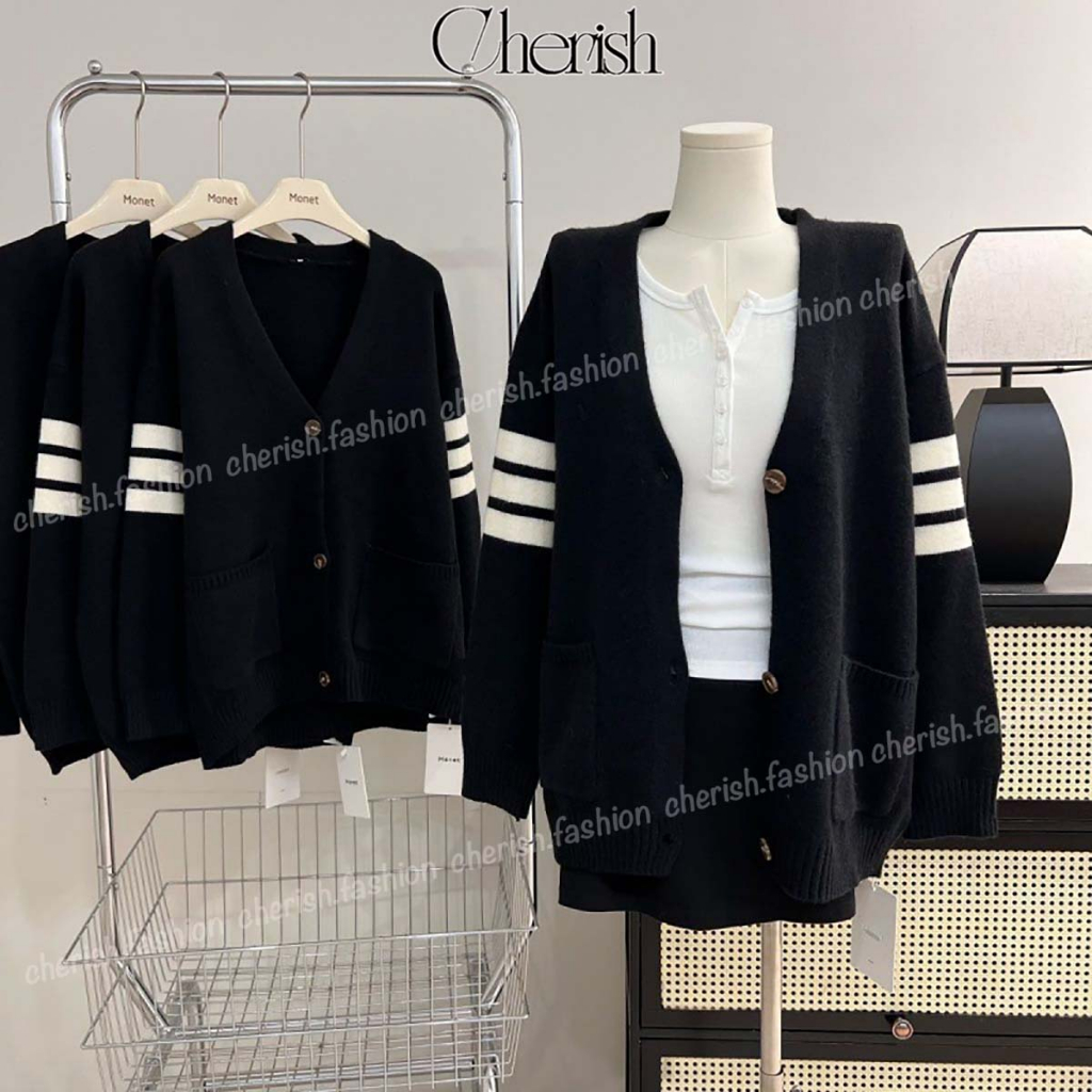 Áo Khoác Cardigan Len Nữ CHERISH Tay Dài Dáng Rộng, Áo Cardigan Cổ V Tay Phối Sọc 2 Bên CD09