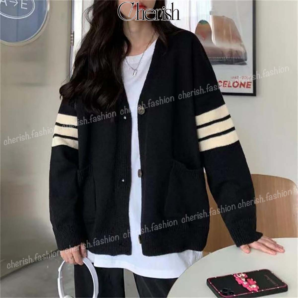 Áo Khoác Cardigan Len Nữ CHERISH Tay Dài Dáng Rộng, Áo Cardigan Cổ V Tay Phối Sọc 2 Bên CD09