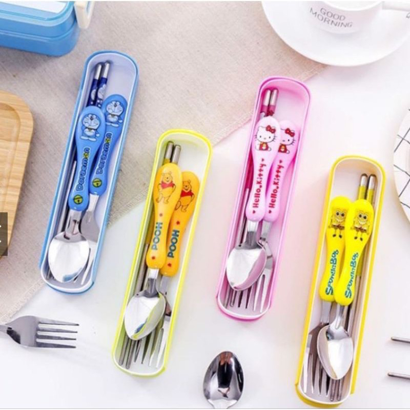 BỘ ĂN DẶM 3 MÓN THÌA, DĨA, ĐŨA TẬP ĂN HÌNH THÚ BẰNG INOX CÓ HỘP ĐỰNG CHO BÉ YÊU