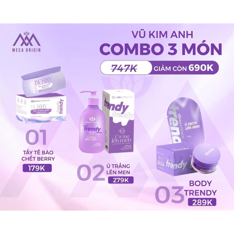 Combo Ủ Trắng Lên Men Trendy, Kem Body Trendy & Tẩy Tế Bào Chết Body Chính Hãng Meea Premium