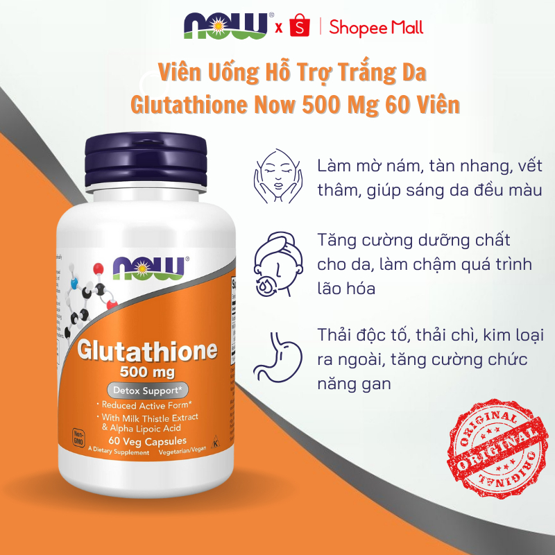 Viên uống Now Glutathione 500mg hỗ trợ trắng sáng da giúp da đều màu 60