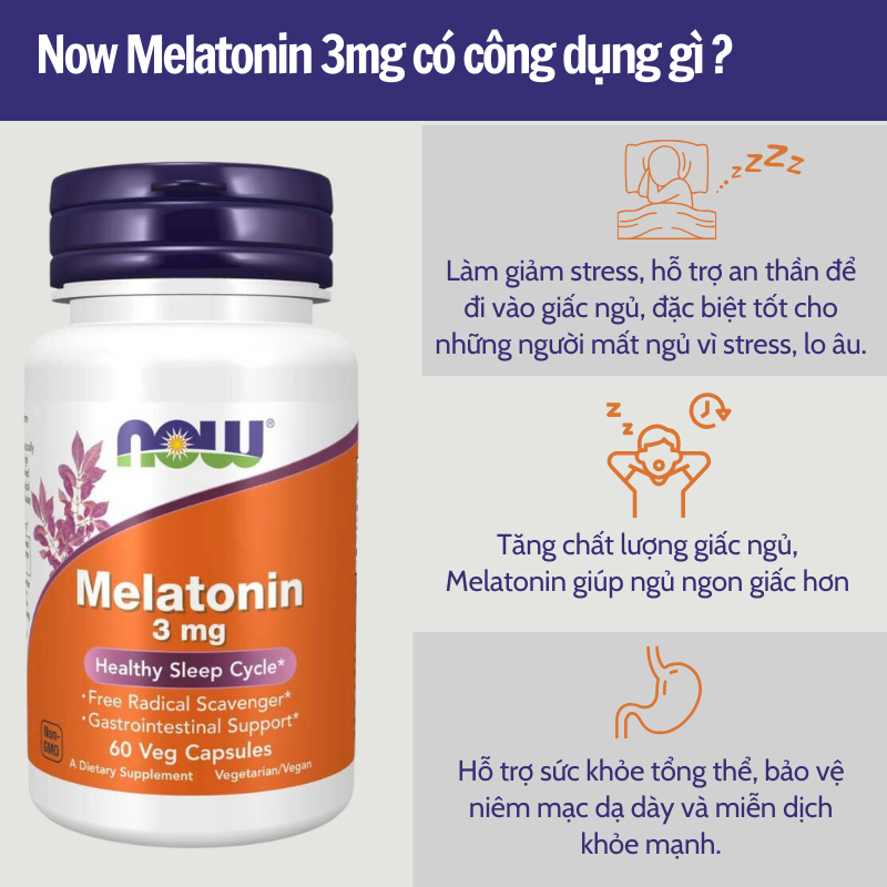 Viên uống Melatonin 3mg Now của Mỹ giúp giấc ngủ ngon không gây mệt mỏi 60 viên