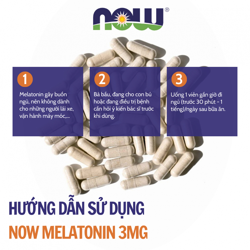 Viên uống Melatonin 3mg Now của Mỹ giúp giấc ngủ ngon không gây mệt mỏi 60 viên