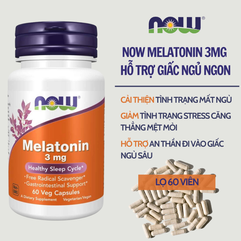 Viên uống giúp giấc ngủ ngon không gây mệt mỏi Melatonin 3mg Now của Mỹ 60