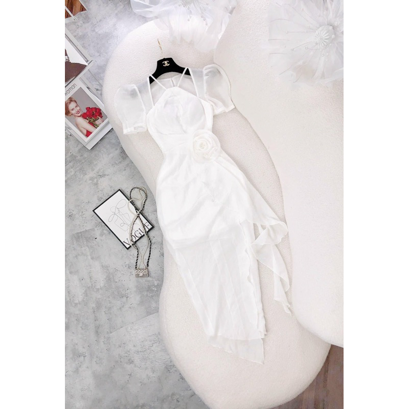 Đầm thiết kế dự tiệc , váy body hoa bèo hông sang chảnh T2M