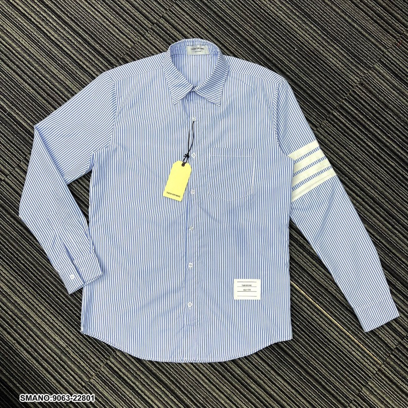 Áo Sơ Mi Thome Kẻ Xám Xanh Dài Tay 4 Sọc Vải Cotton Lụa Cao Cấp