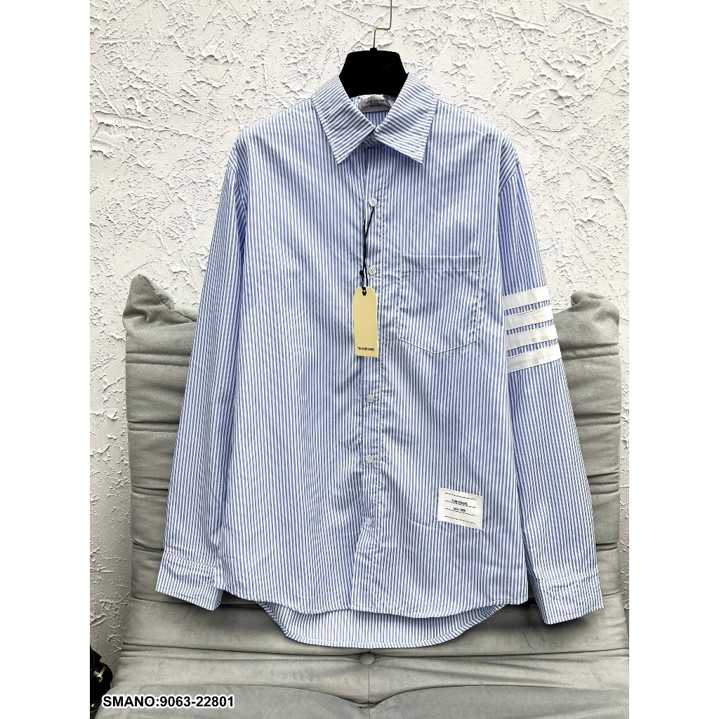 Áo Sơ Mi Thome Kẻ Xám Xanh Dài Tay 4 Sọc Vải Cotton Lụa Cao Cấp