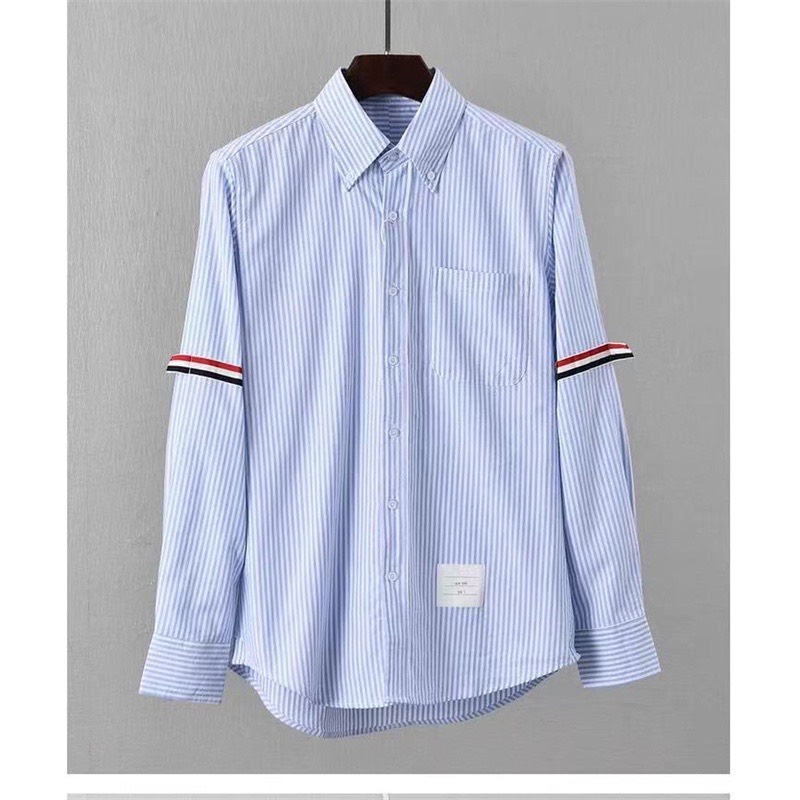 Áo Sơ Mi Thome Kẻ Xám Xanh Dài Tay 4 Sọc Vải Cotton Lụa Cao Cấp
