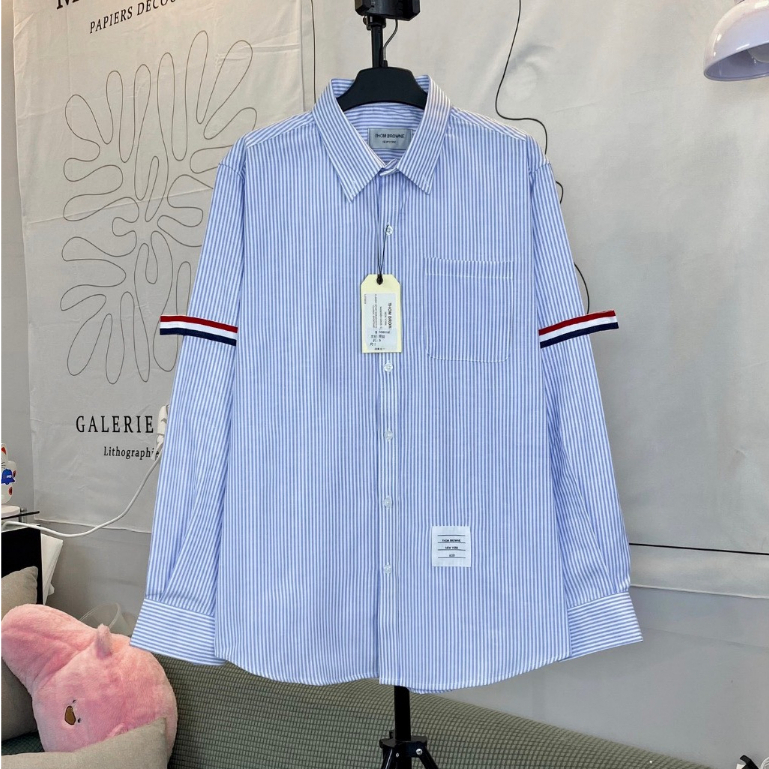 Áo Sơ Mi Thome Kẻ Xám Xanh Dài Tay 4 Sọc Vải Cotton Lụa Cao Cấp