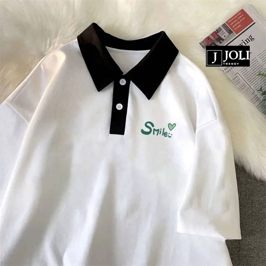 Áo Polo Nữ, Polo Unisex By JOLI Mã PL Màu Trắng Phối Cổ Đen Form Rộng Tay Lỡ Cho Nam Nữ | BigBuy360 - bigbuy360.vn