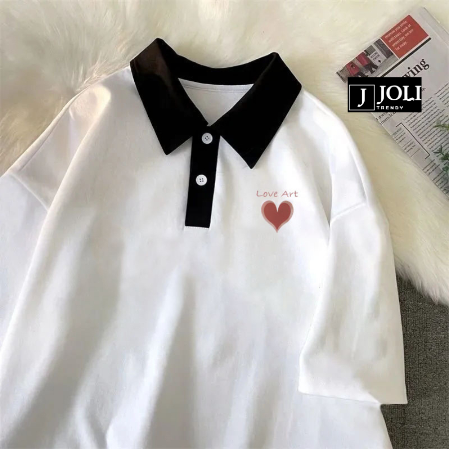 Áo Polo Nữ, Polo Unisex By JOLI Mã PL Màu Trắng Phối Cổ Đen Form Rộng Tay Lỡ Cho Nam Nữ | BigBuy360 - bigbuy360.vn