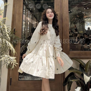 Đầm babydoll hoa ly cổ xẻ dáng xoè siêu xinh