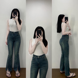 Quần jeans ống loe cắt xẻ nấm lùn hàng chuẩn Qc loại 1 ảnh thật - sẵn