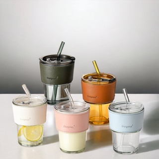 Cốc thủy tinh ChouChou 420ml Ly Thủy Tinh Bao Da Có Nắp Ống Hút 7 Màu Đi Kèm