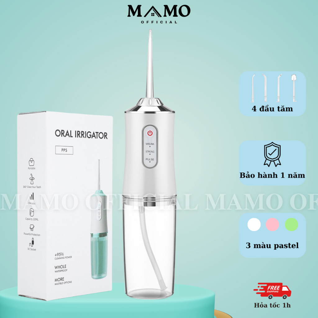 Máy Tăm Nước Oral Irrigator Tăm Nước Cầm Tay Vệ Sinh Răng Miệng MAMO 3 Chế Độ 4 Đầu Tăm Nước Bình Chứa 220ml