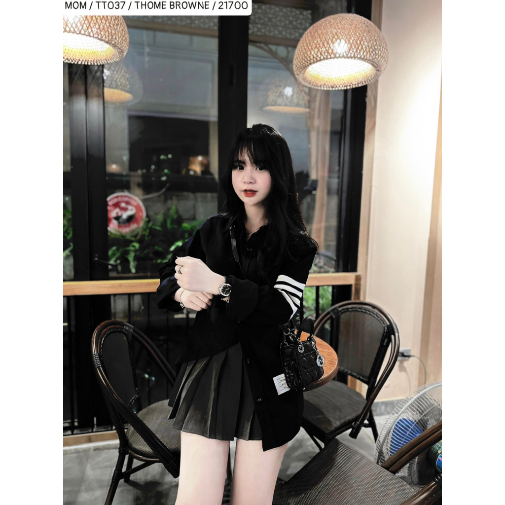 Áo Sơ Mi THOME Đen 4 Vạch Cánh Tay Cao Cấp Áo Somi Like_AU Trắng 4 Vạch Khóa Zip Chất Vải Lụa Mát Mịn