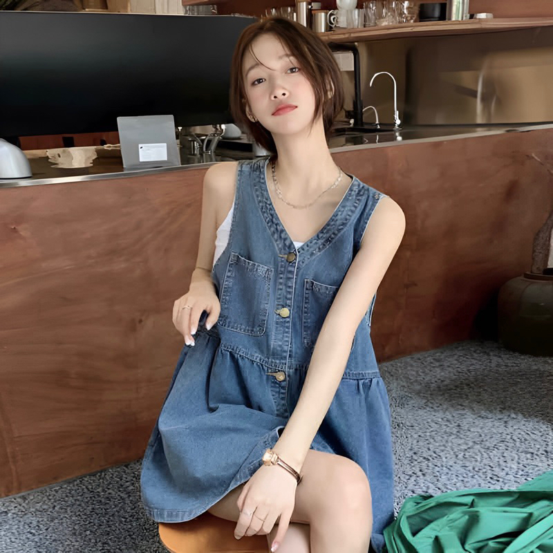 Đầm Yếm Denim Baby Doll Dáng Ngắn, Phong Cách Korean
