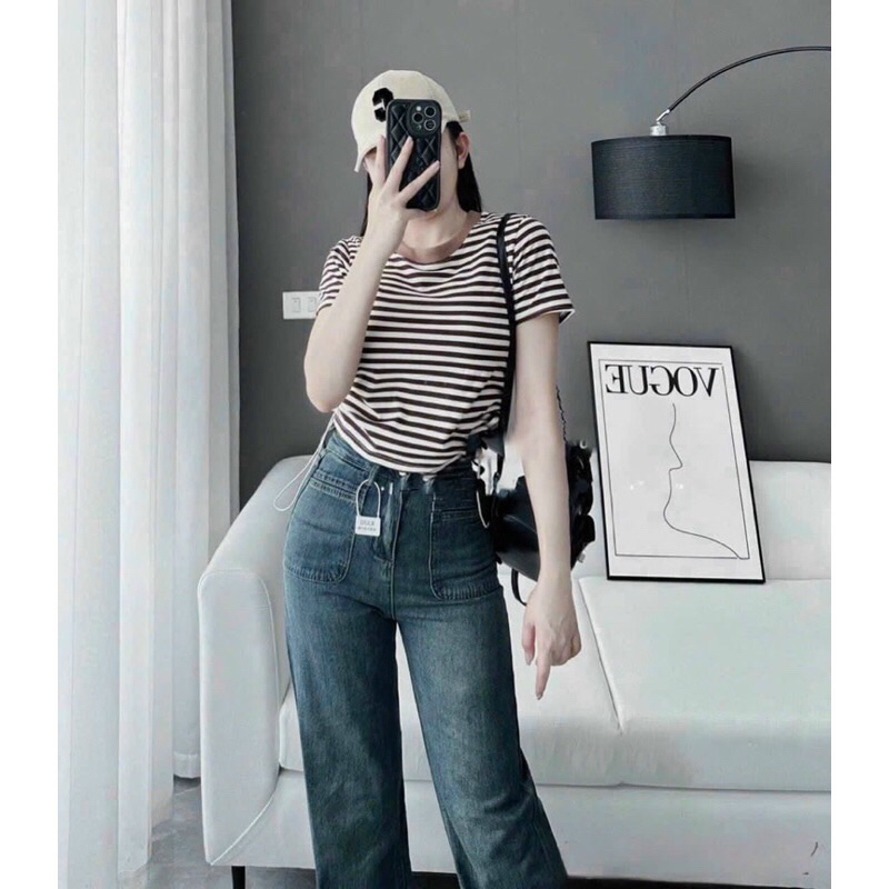 Quần suông jeans denim thêu mác da hot trend#5901