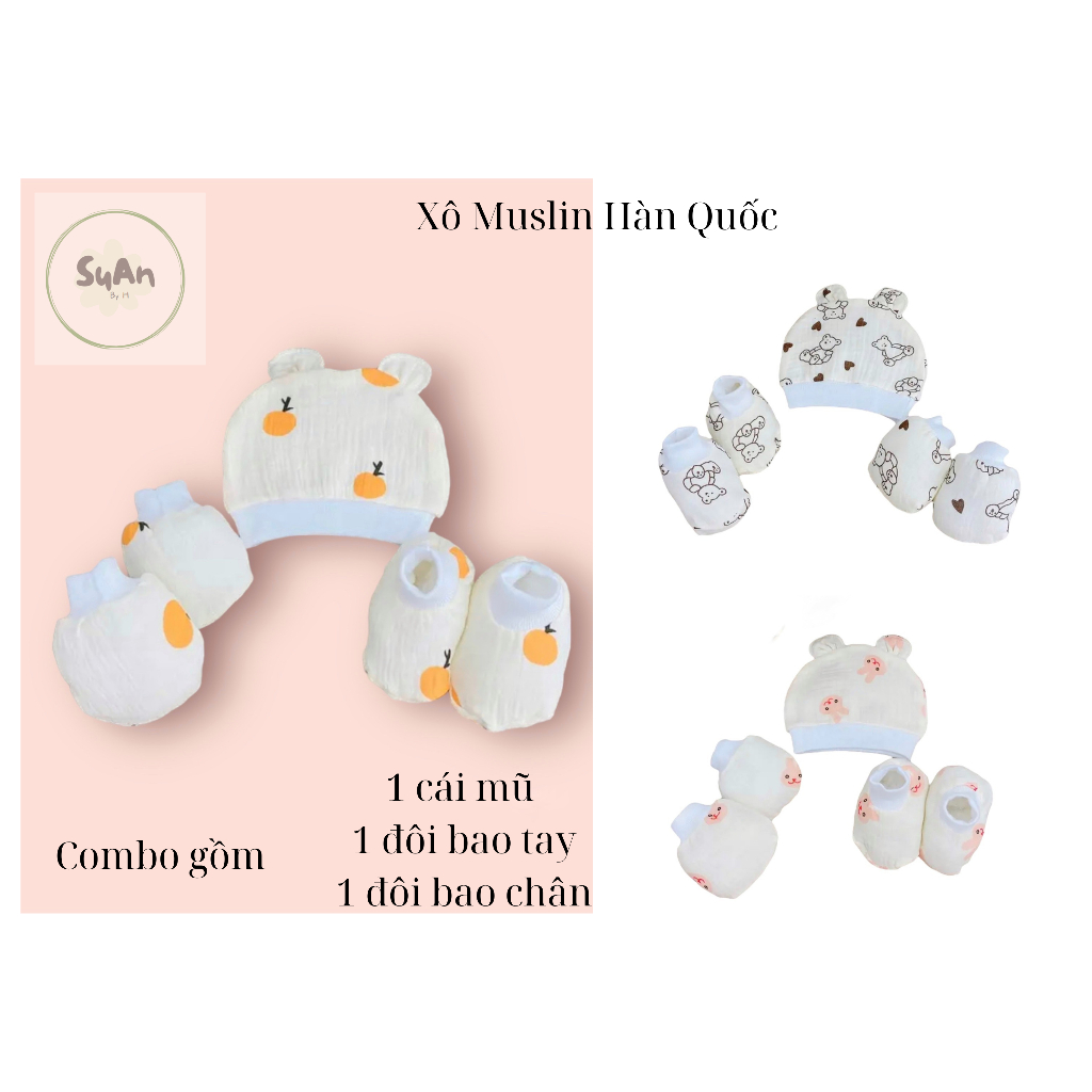 Combo Mũ Sơ Sinh, Nón Sơ Sinh, Bao Tay, Bao Chân Họa Tiết Hàn Quốc - In Hình Cho Bé Trai, Bé Gái, Vải Muslin - SUAN KIDS